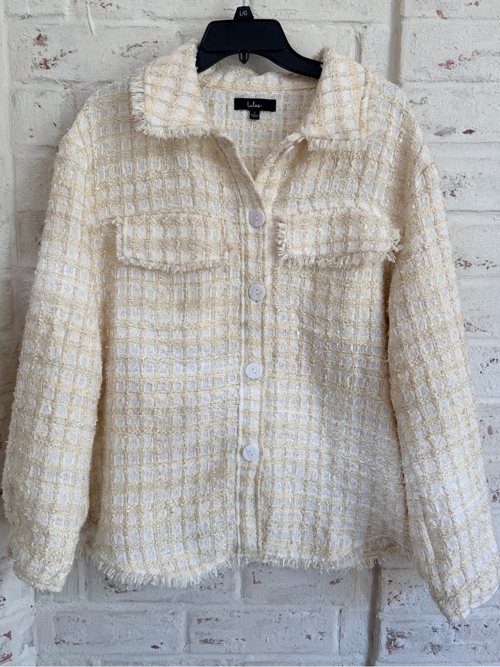 Lulus Take Notes Ivory Plaid Tweed Fringe Shacket Jacket L